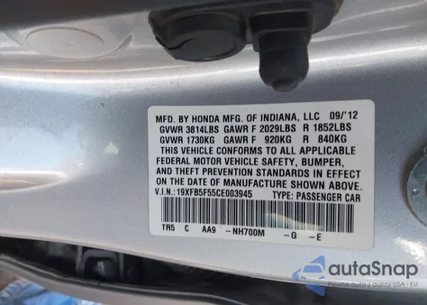 2012 Honda Civic Natural Gas z USA, uszkodzony, nr VIN 19XFB5F55CE003945